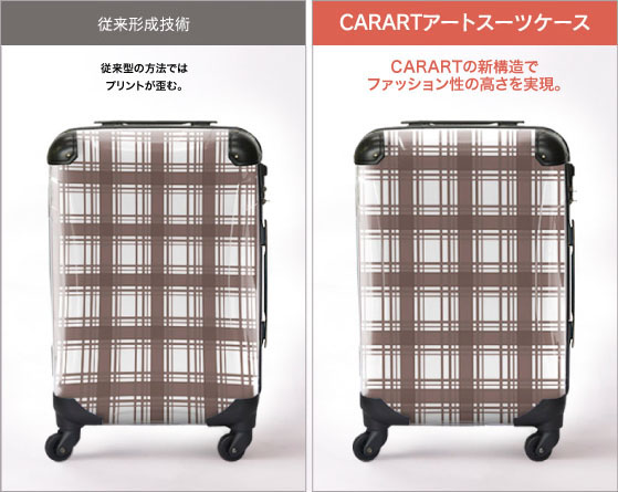 [従来形成技術]従来型の方法ではプリントが歪む [CARARTアートスーツケース]CARARTの新構造でファッション性の高さを実現
